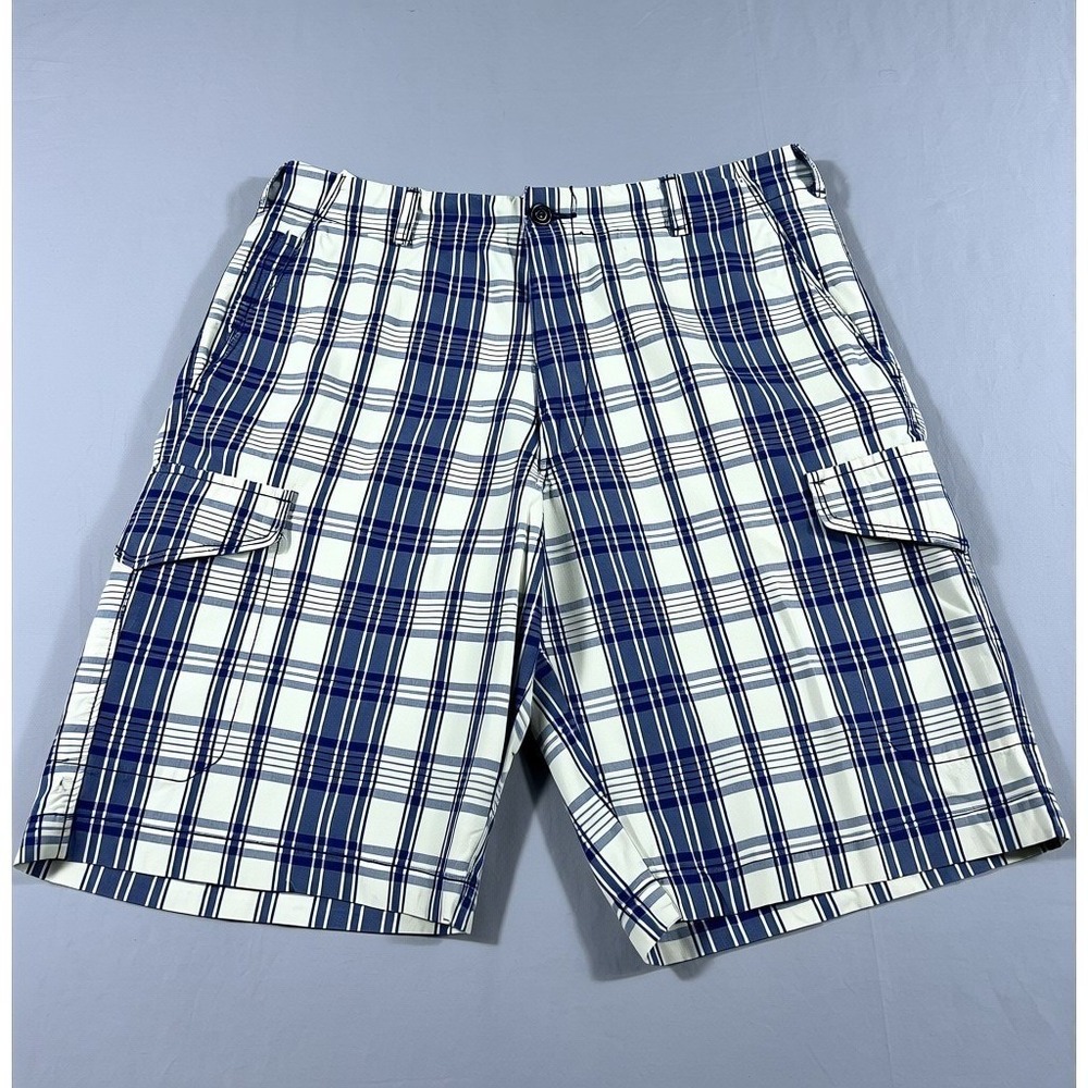 Dockers Mens Blue White Plaid Cargo Shorts Cotton Size‎ 33 Casual Multi Pocket